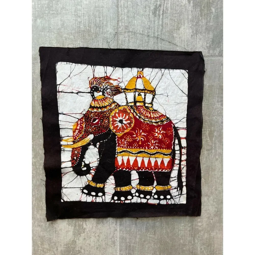Sri Lankan Elephant Batik Art Religious Hand Dyed Fabric Tapestry Handmade